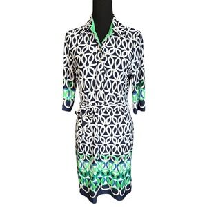 Sandra Darren Navy & Green Geometric Print, 3/4 Sleeve Dress, 8 Petite, Classic